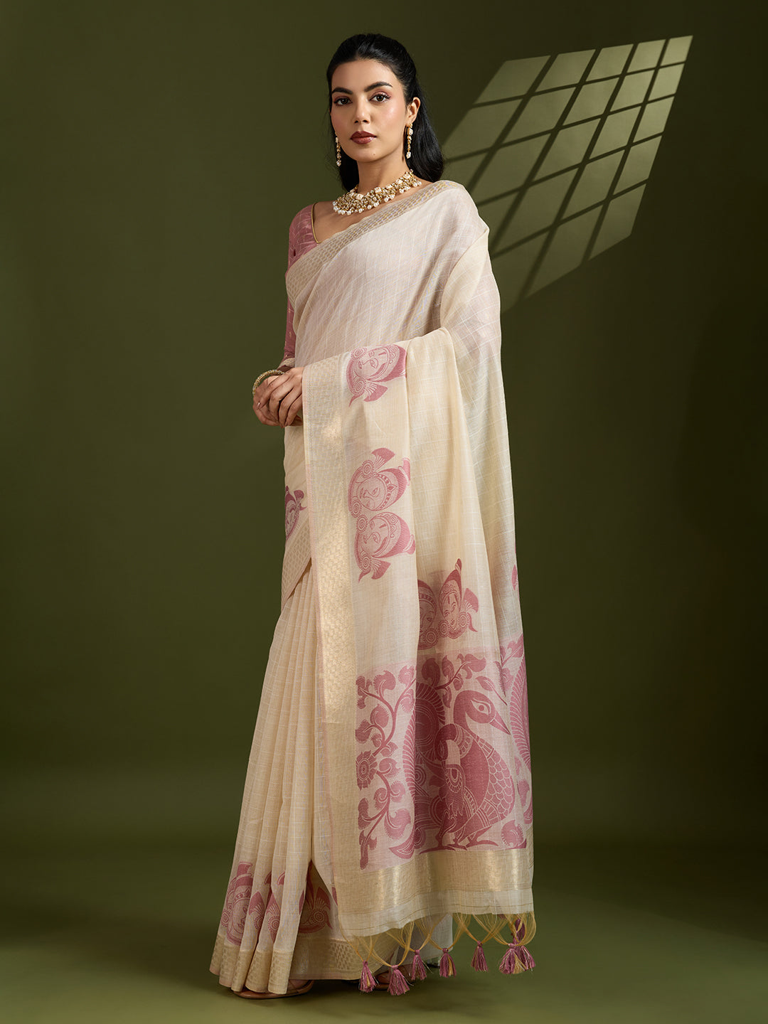 Jyoti Fashion Women's Pink Soft Muga Cotton Kalamkari Woven Saree with Blouse | Grocsy