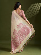 Jyoti Fashion Women's Pink Soft Muga Cotton Kalamkari Woven Saree with Blouse | Grocsy