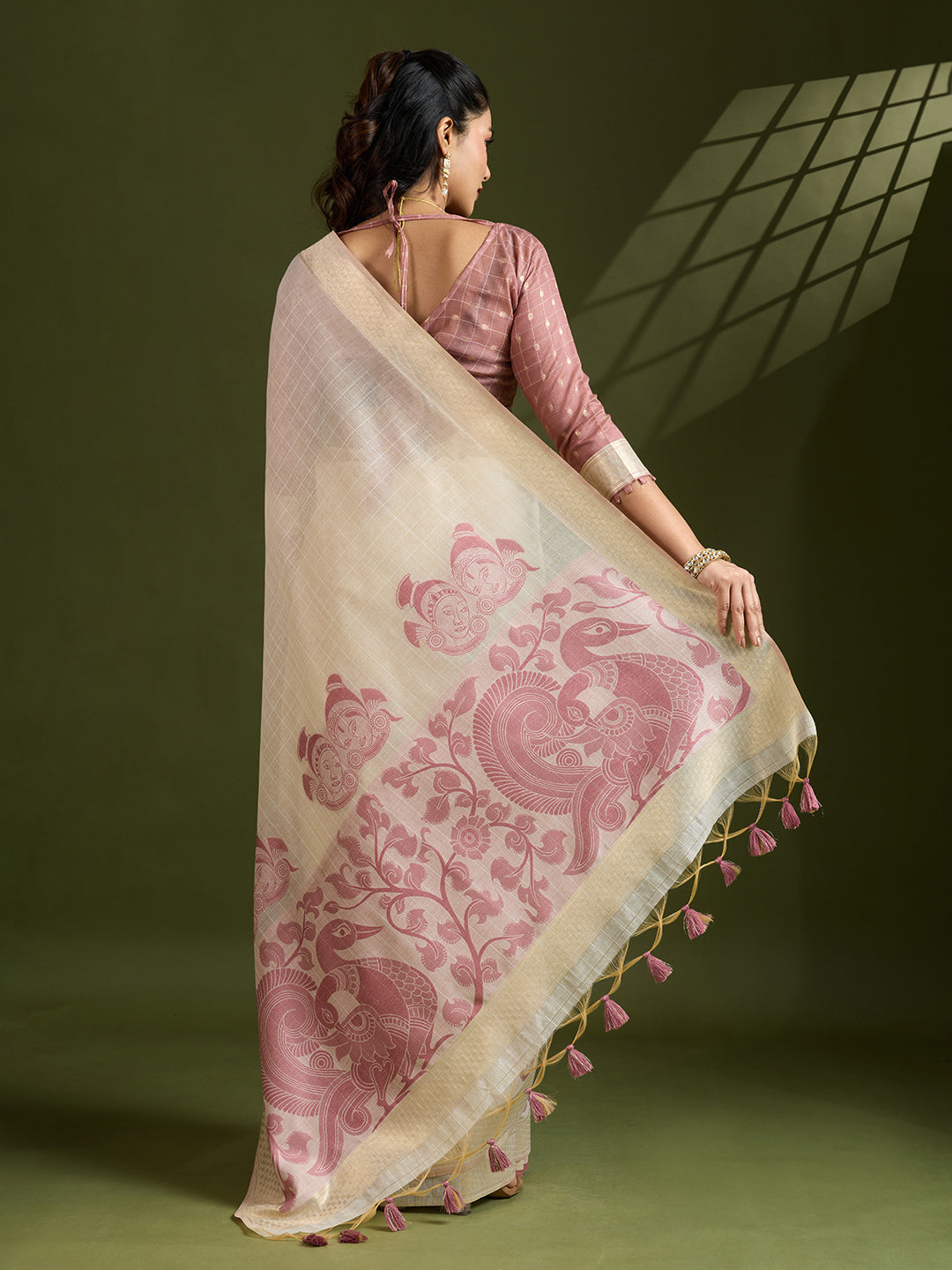 Jyoti Fashion Women's Pink Soft Muga Cotton Kalamkari Woven Saree with Blouse | Grocsy