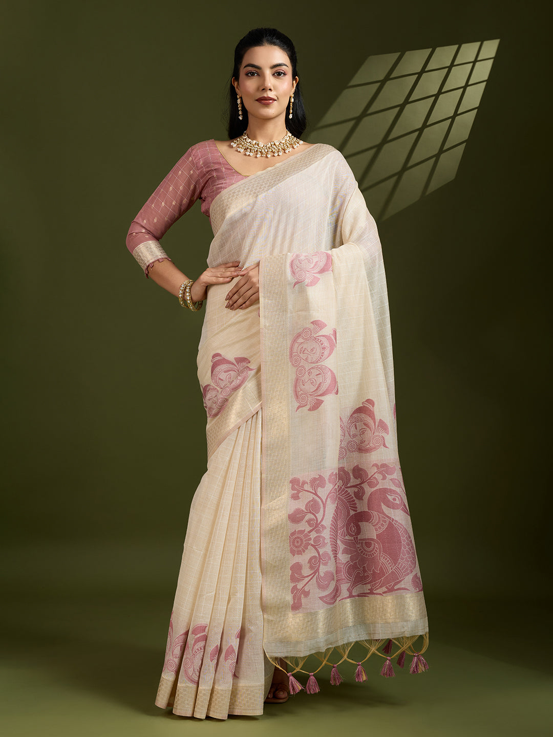 Jyoti Fashion Women's Pink Soft Muga Cotton Kalamkari Woven Saree with Blouse | Grocsy