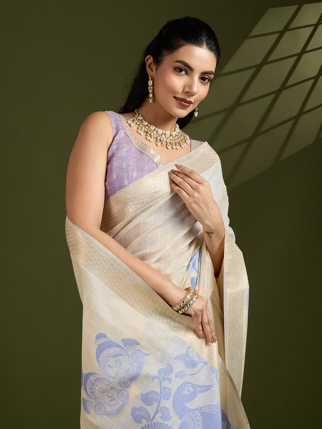Jyoti Fashion Women's Purple Soft Muga Cotton Kalamkari Woven Saree with Blouse | Grocsy