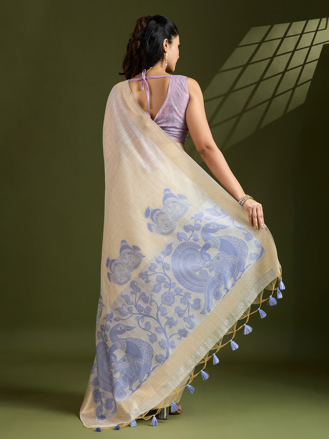 Jyoti Fashion Women's Purple Soft Muga Cotton Kalamkari Woven Saree with Blouse | Grocsy