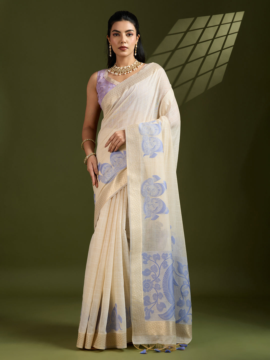 Jyoti Fashion Women's Purple Soft Muga Cotton Kalamkari Woven Saree with Blouse | Grocsy