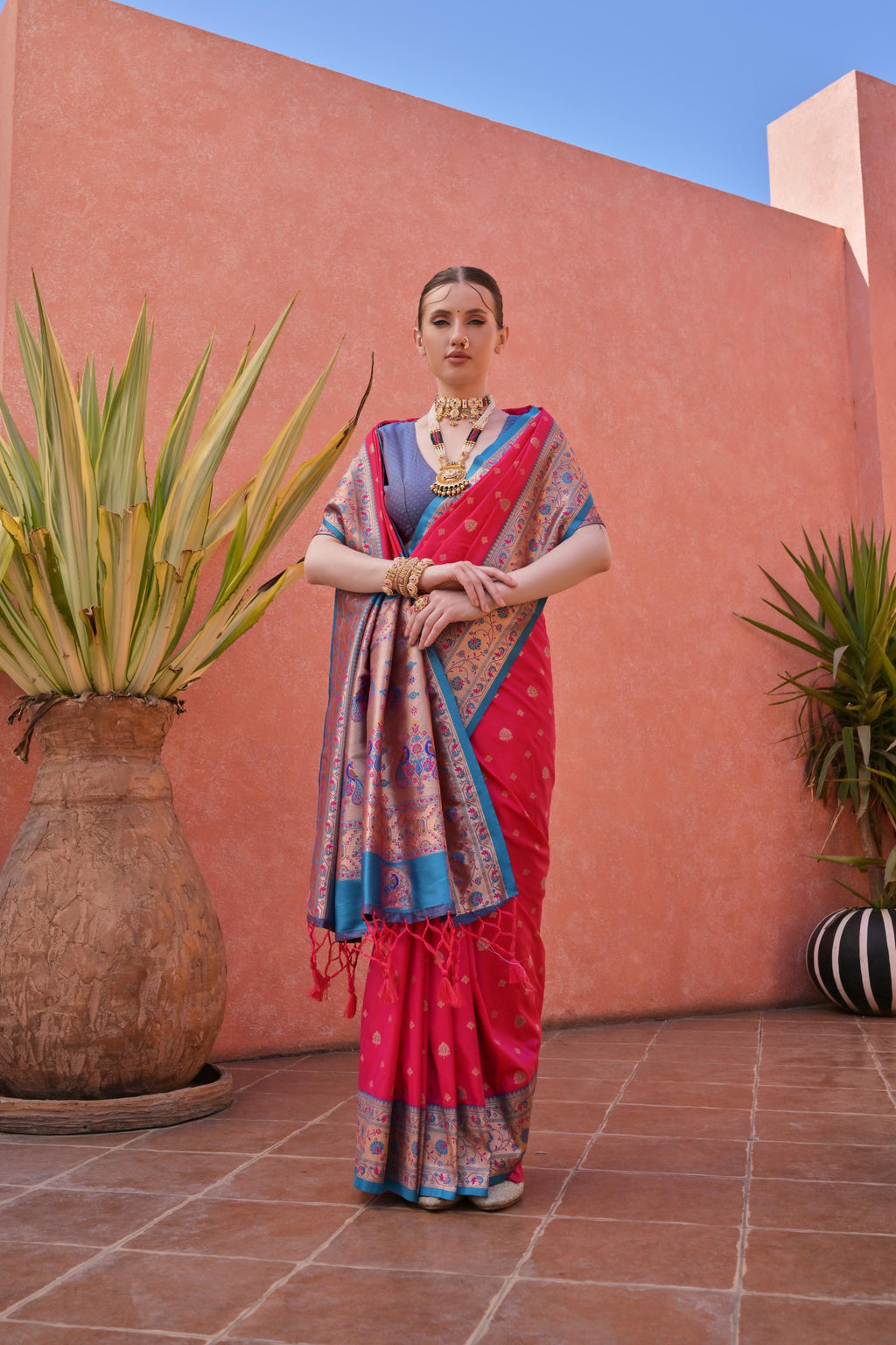 Jyoti Fashion Women's Rani Pink Paithani Silk Zari Woven Saree with Blouse | Grocsy
