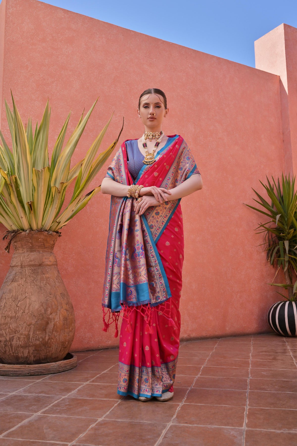 Jyoti Fashion Women's Rani Pink Paithani Silk Zari Woven Saree with Blouse | Grocsy
