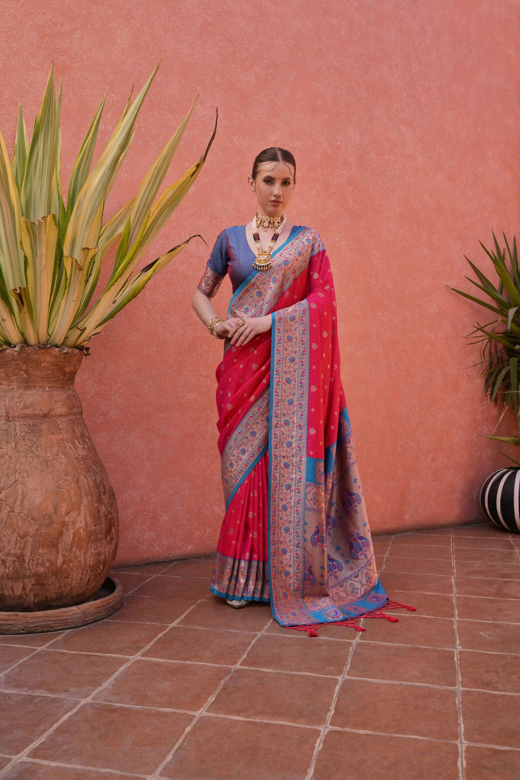 Jyoti Fashion Women's Rani Pink Paithani Silk Zari Woven Saree with Blouse | Grocsy