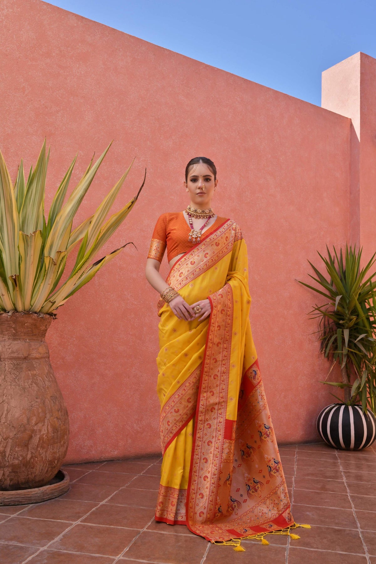 Jyoti Fashion Women's Yellow Paithani Silk Zari Woven Saree with Blouse | Grocsy