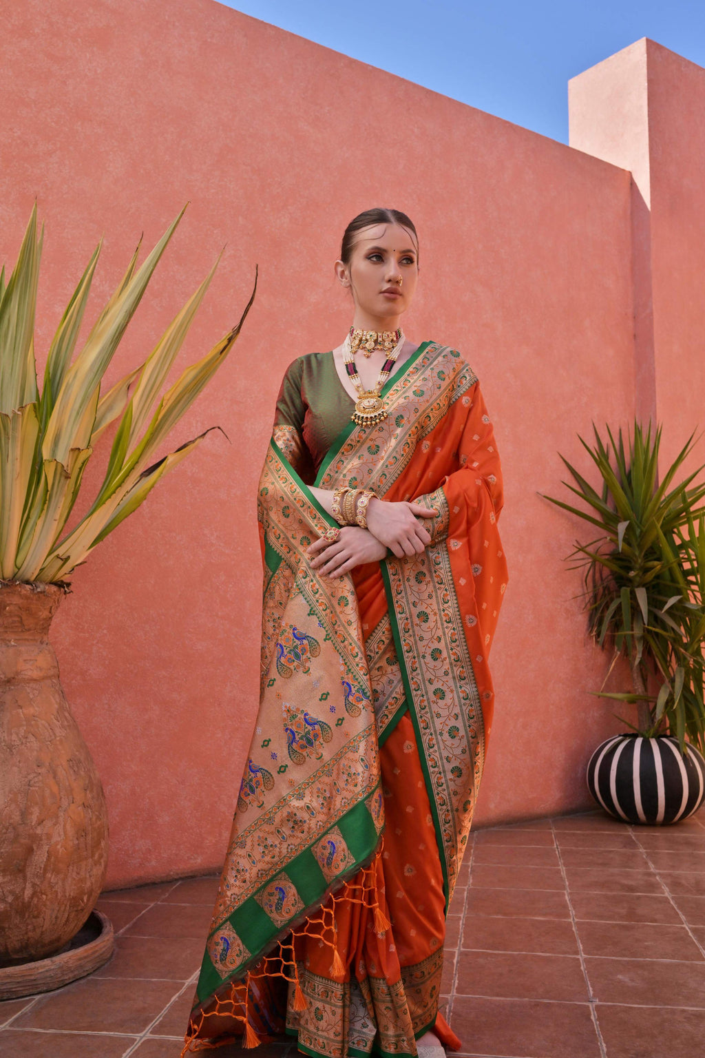 Jyoti Fashion Women's Orange Paithani Silk Zari Woven Saree with Blouse | Grocsy