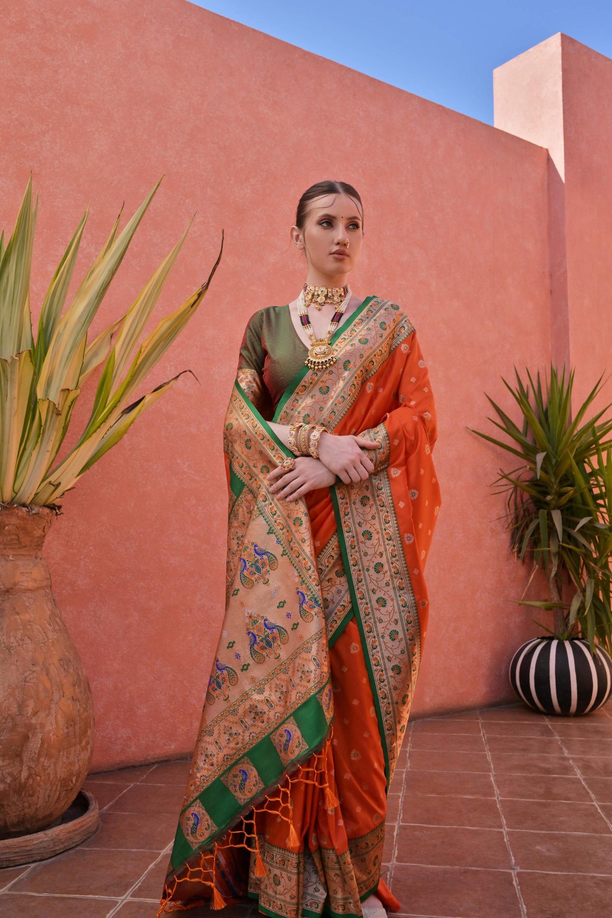 Jyoti Fashion Women's Orange Paithani Silk Zari Woven Saree with Blouse | Grocsy