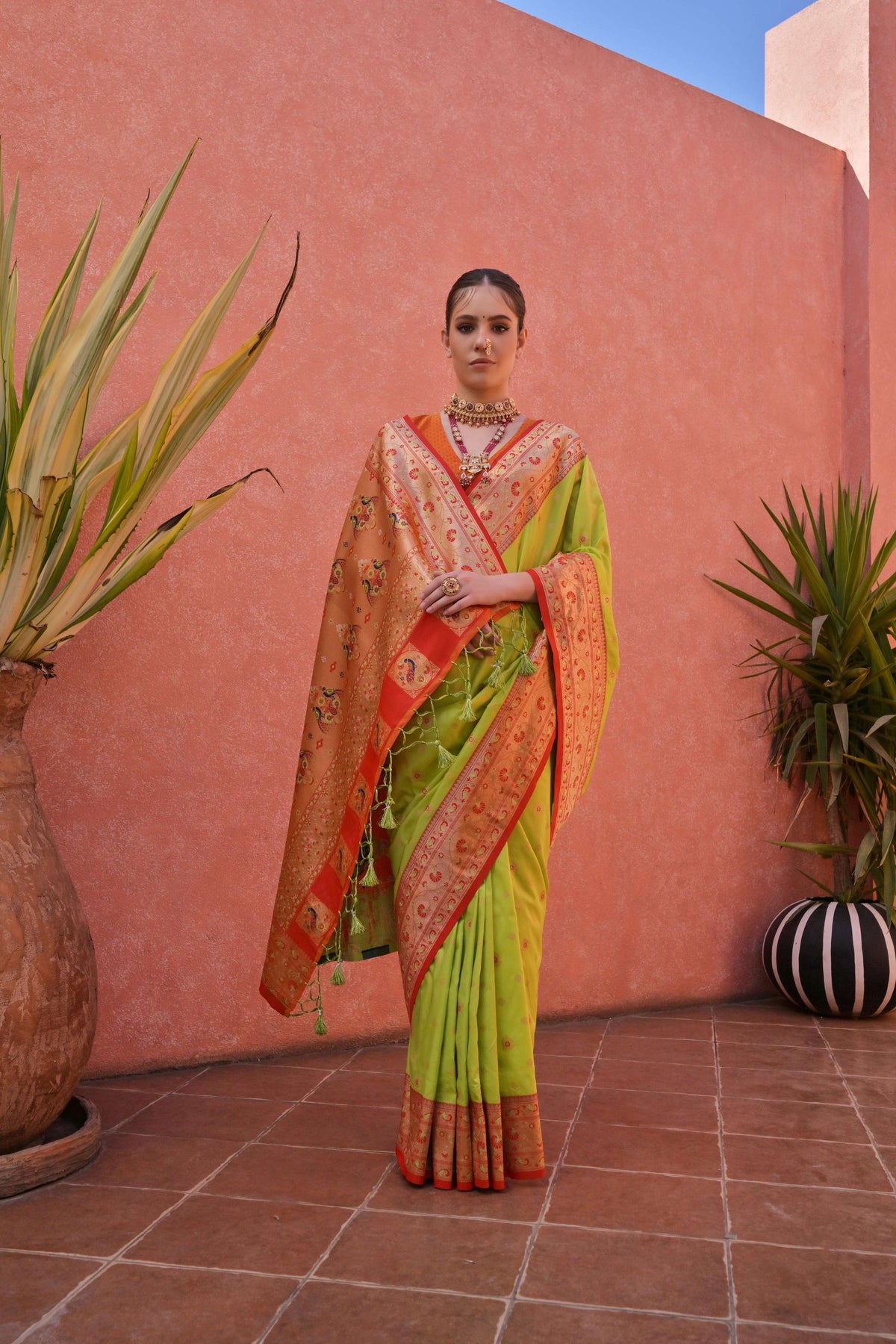 Jyoti Fashion Women's Pista Green Paithani Silk Zari Woven Saree with Blouse | Grocsy