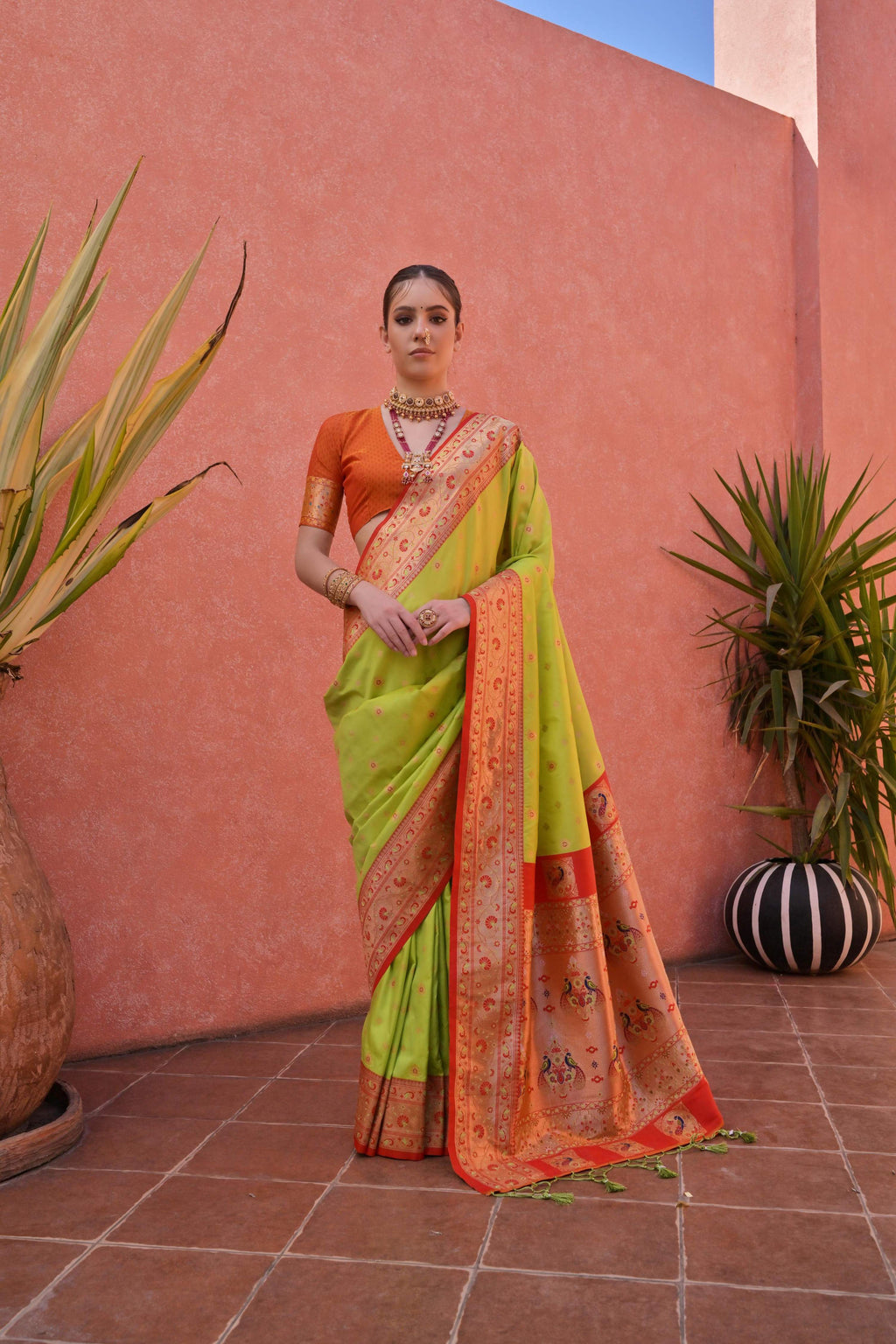 Jyoti Fashion Women's Pista Green Paithani Silk Zari Woven Saree with Blouse | Grocsy