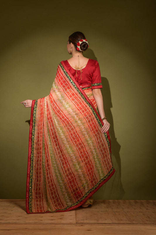 Jyoti Fashion Women's Red Foil Print with Sequence Georgette Saree with Blouse | Grocsy