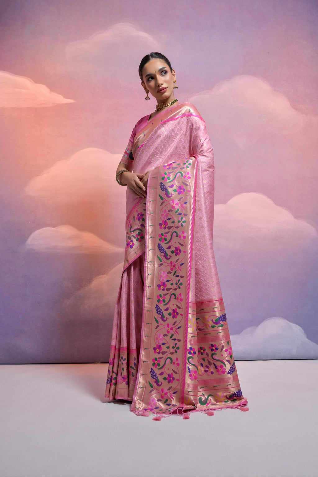 Jyoti Fashion Women's Baby Pink Paithani Silk Zari Woven Saree with Blouse | Grocsy