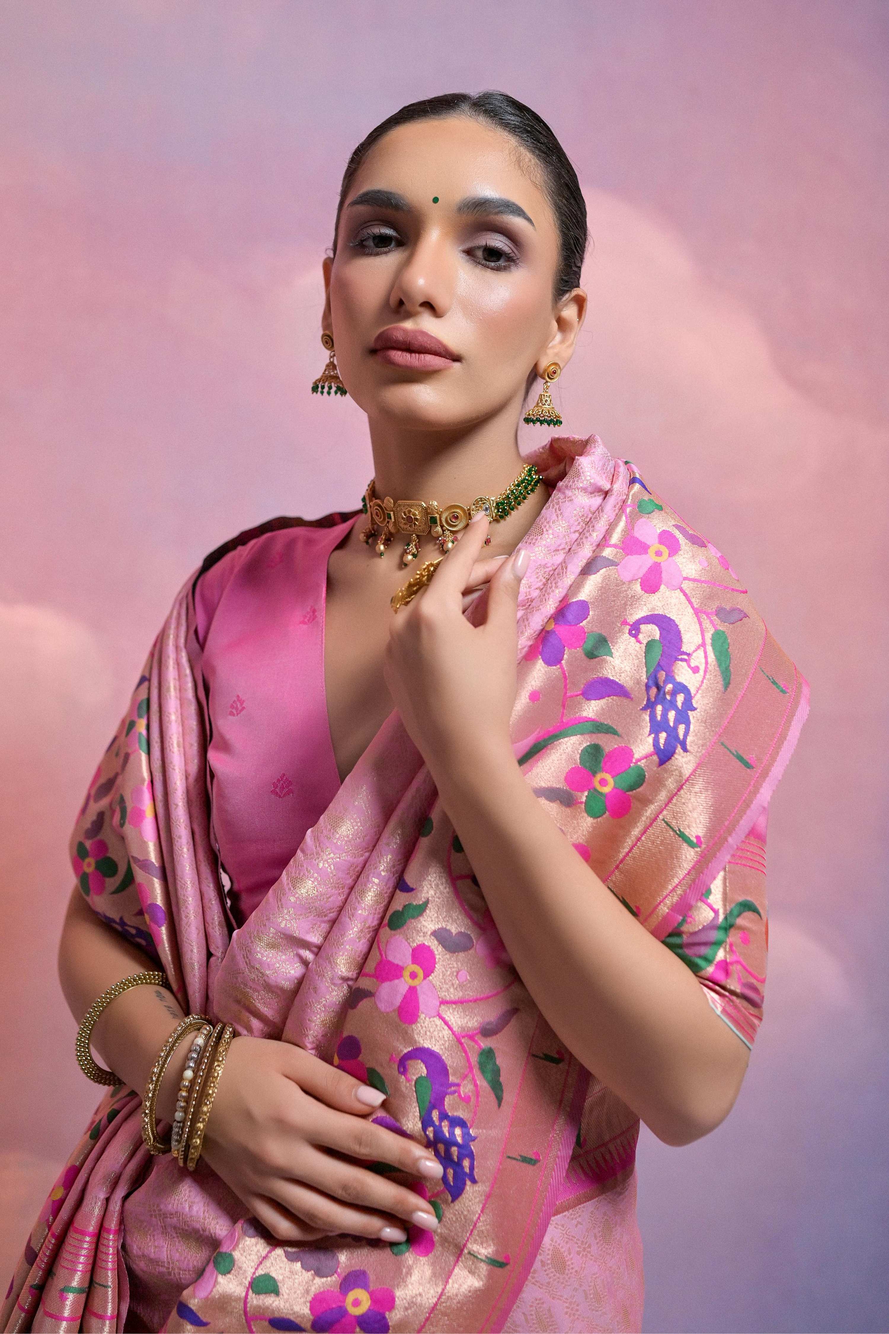 Jyoti Fashion Women's Baby Pink Paithani Silk Zari Woven Saree with Blouse | Grocsy
