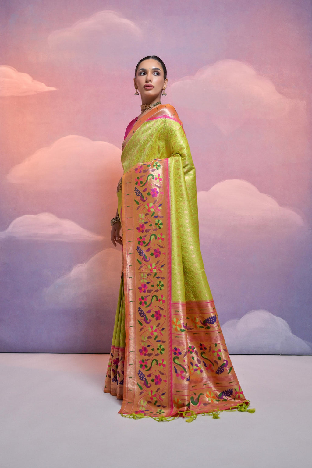 Jyoti Fashion Women's Parrot Green Paithani Silk Zari Woven Saree with Blouse | Grocsy