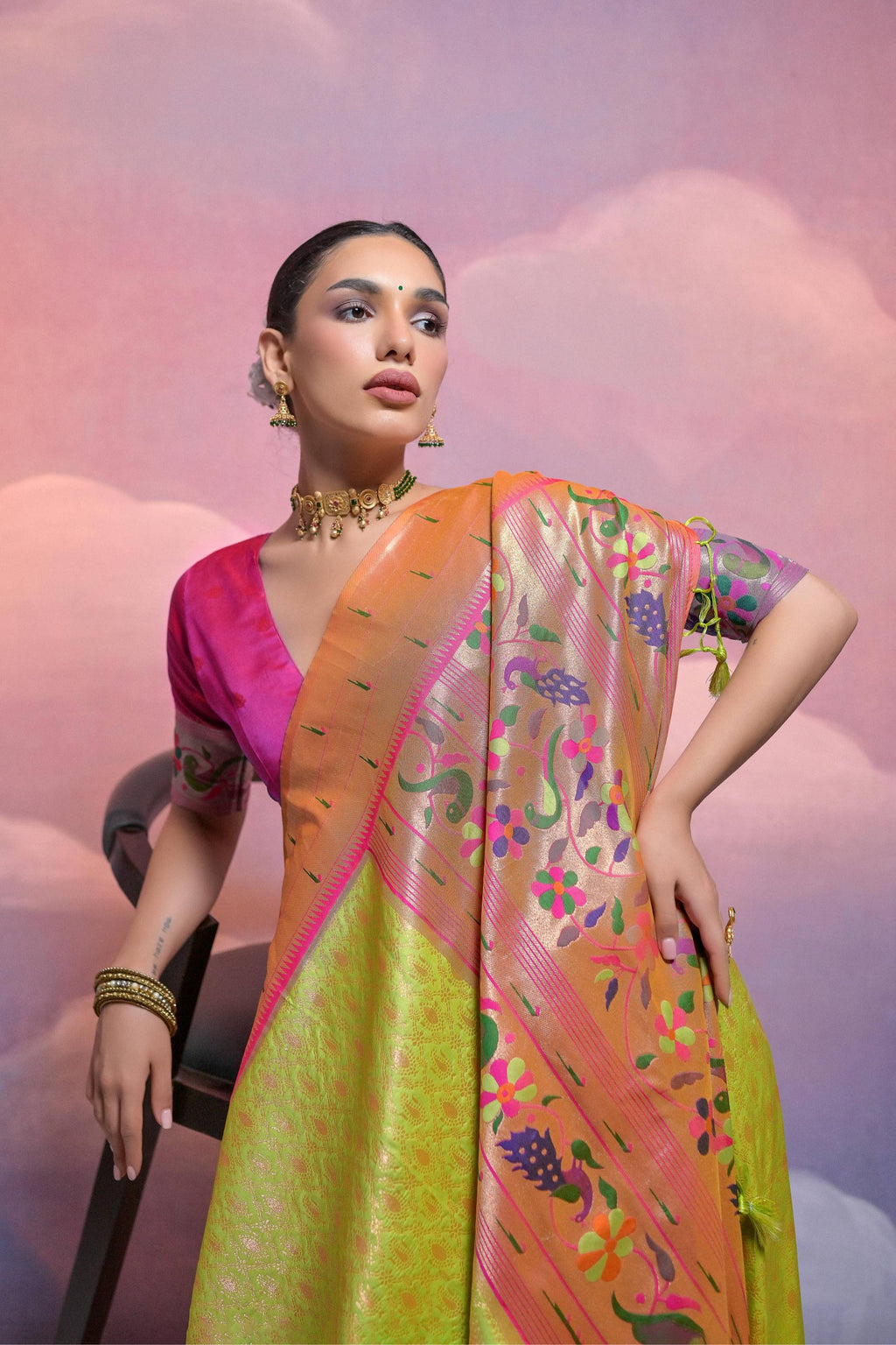 Jyoti Fashion Women's Parrot Green Paithani Silk Zari Woven Saree with Blouse | Grocsy