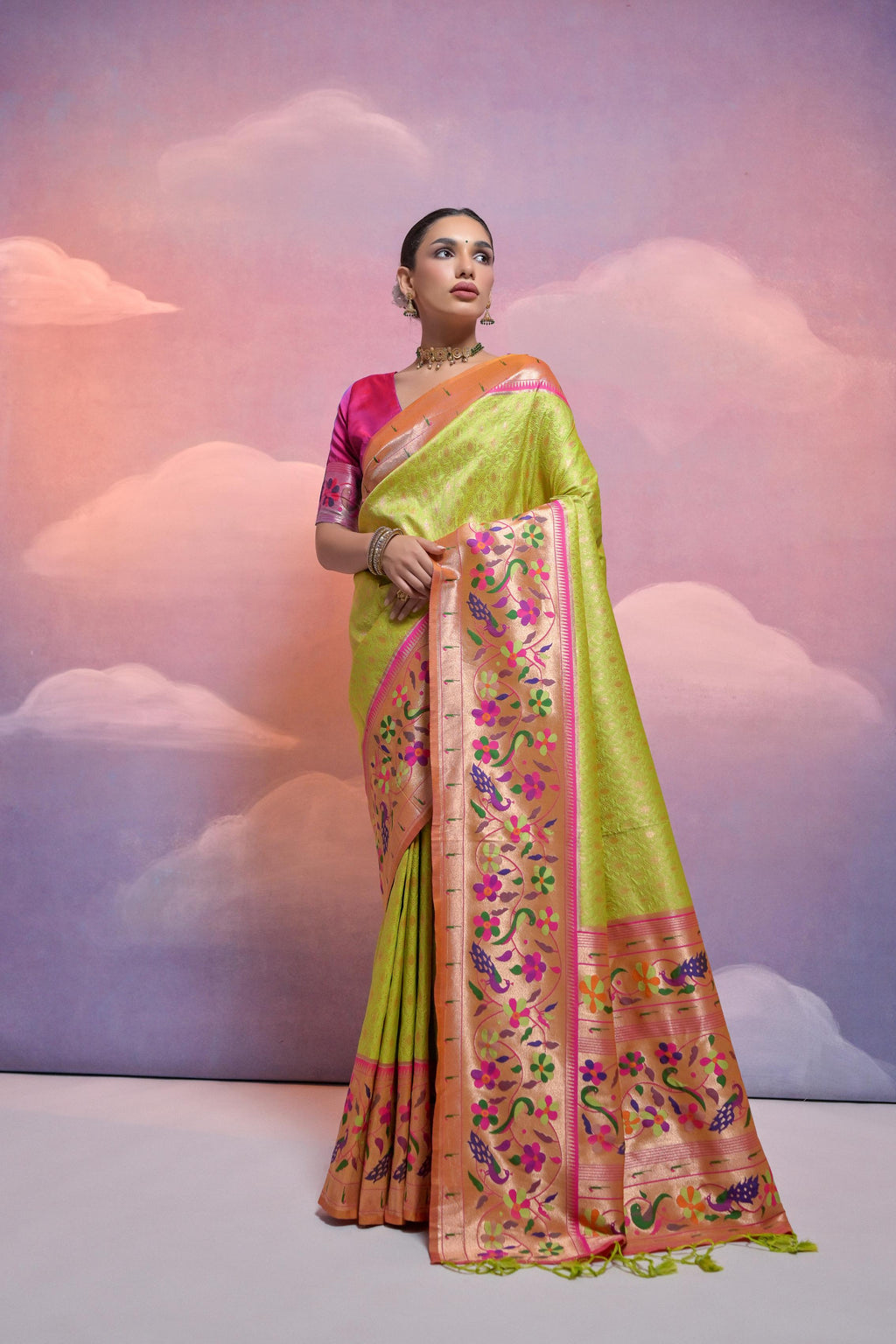 Jyoti Fashion Women's Parrot Green Paithani Silk Zari Woven Saree with Blouse | Grocsy