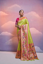 Jyoti Fashion Women's Parrot Green Paithani Silk Zari Woven Saree with Blouse | Grocsy