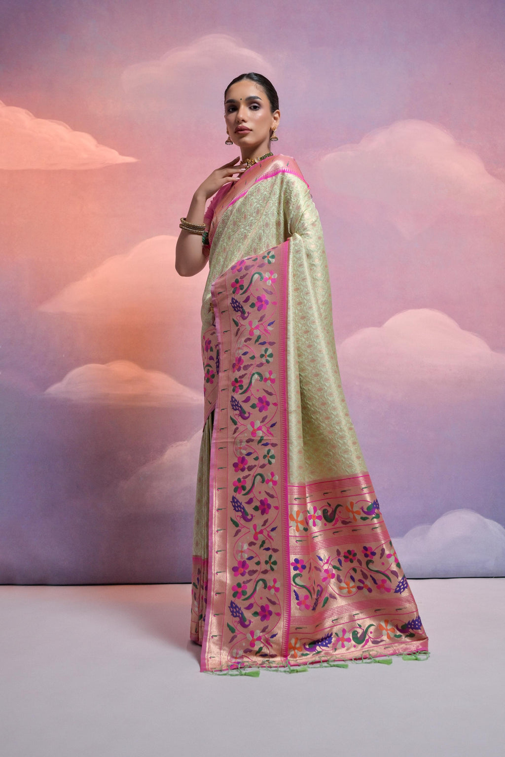 Jyoti Fashion Women's Pista Green Paithani Silk Zari Woven Saree with Blouse | Grocsy