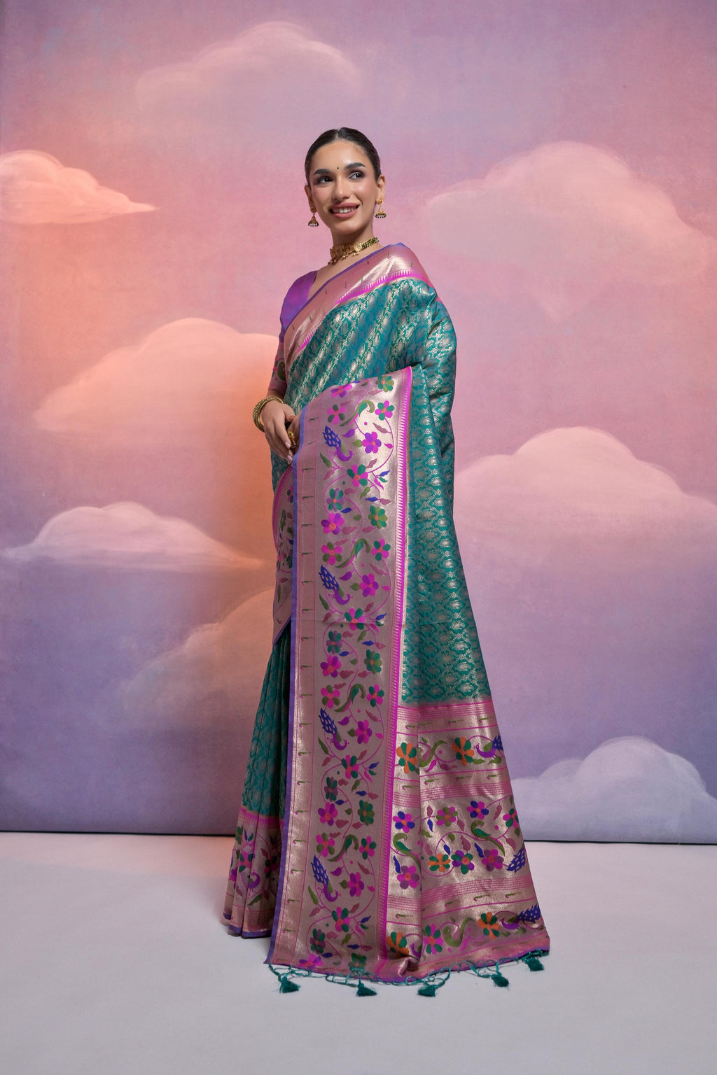 Jyoti Fashion Women's Rama Paithani Silk Zari Woven Saree with Blouse | Grocsy