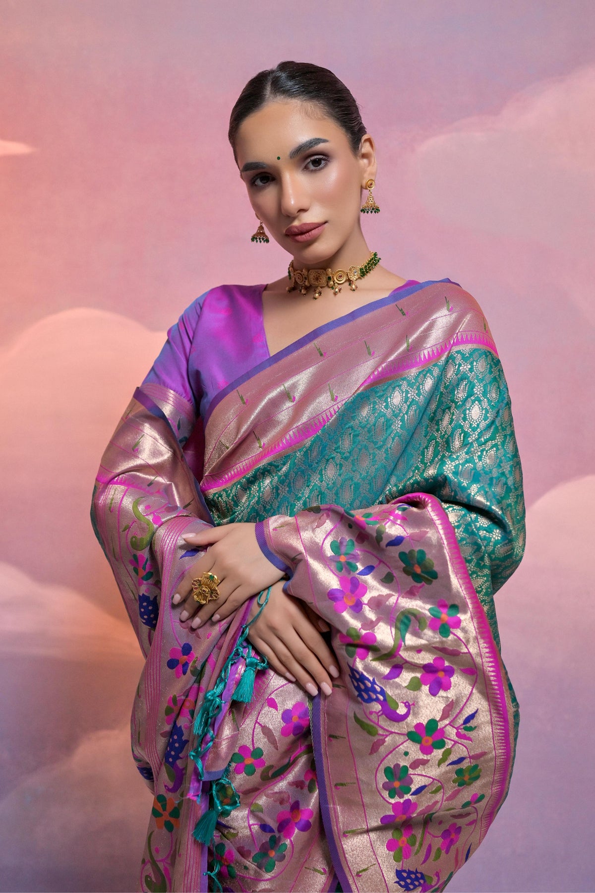 Jyoti Fashion Women's Rama Paithani Silk Zari Woven Saree with Blouse | Grocsy