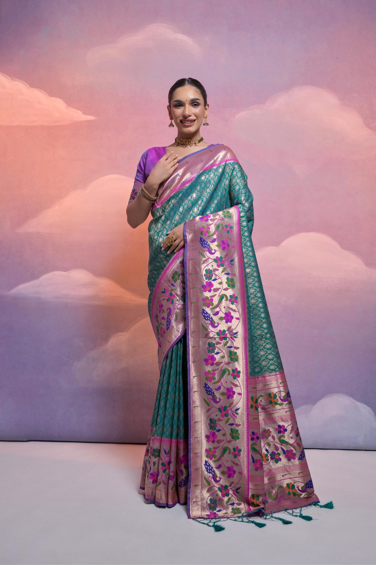 Jyoti Fashion Women's Rama Paithani Silk Zari Woven Saree with Blouse | Grocsy