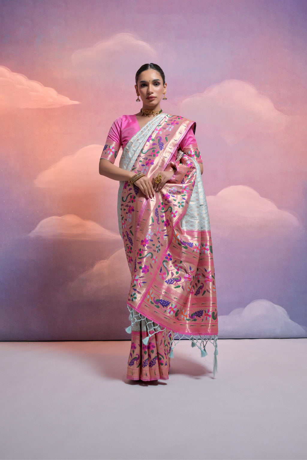 Jyoti Fashion Women's Sea Green Paithani Silk Zari Woven Saree with Blouse | Grocsy