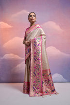 Jyoti Fashion Women's Off White Paithani Silk Zari Woven Saree with Blouse | Grocsy