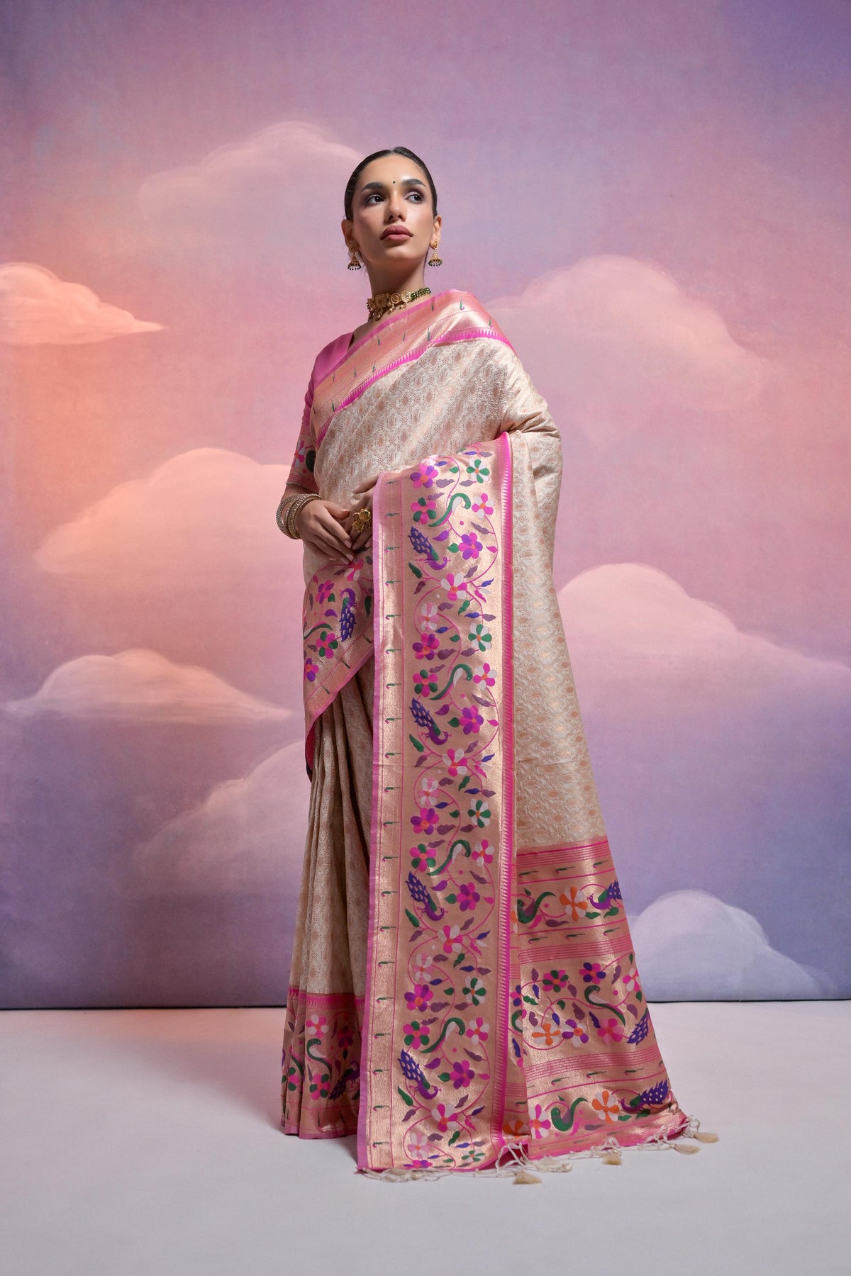 Jyoti Fashion Women's Off White Paithani Silk Zari Woven Saree with Blouse | Grocsy