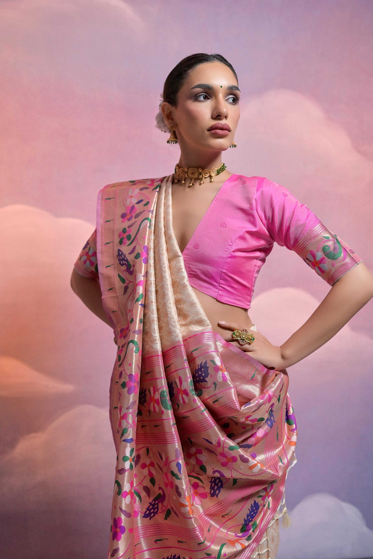 Jyoti Fashion Women's Off White Paithani Silk Zari Woven Saree with Blouse | Grocsy