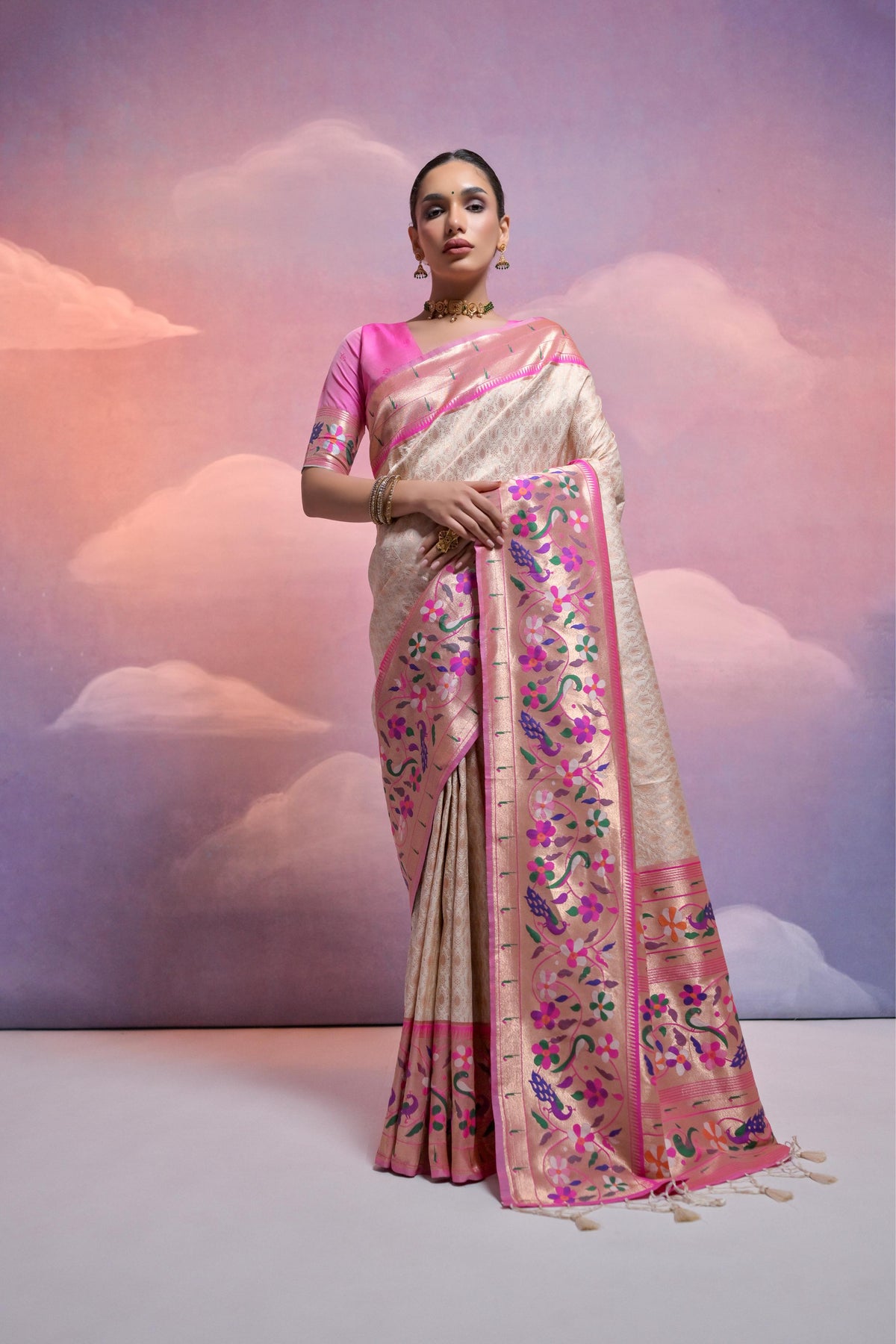 Jyoti Fashion Women's Off White Paithani Silk Zari Woven Saree with Blouse | Grocsy