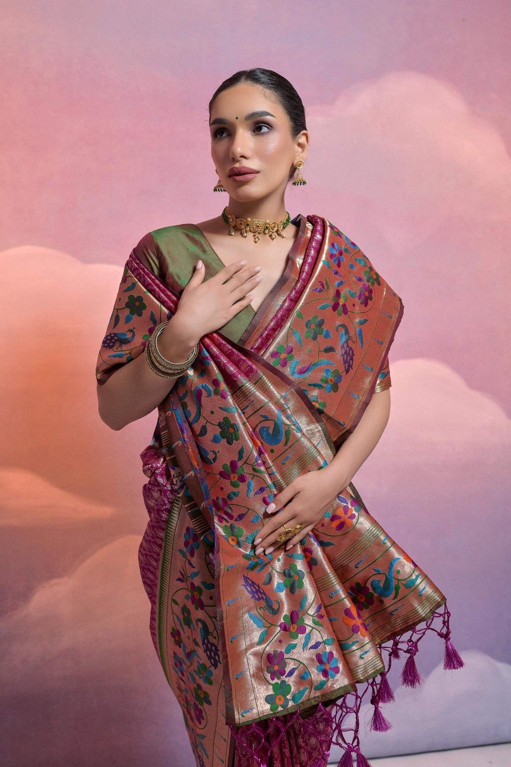 Jyoti Fashion Women's Wine Paithani Silk Zari Woven Saree with Blouse | Grocsy