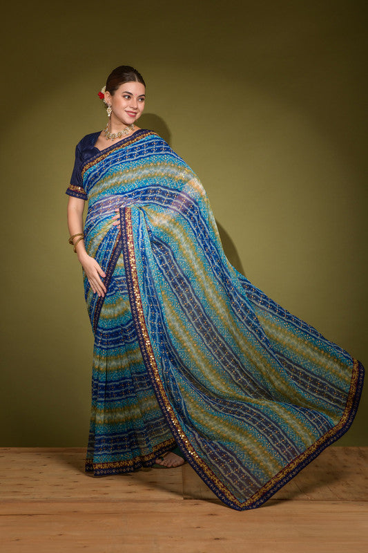 Jyoti Fashion Women's Blue Foil Print with Sequence Georgette Saree with Blouse | Grocsy