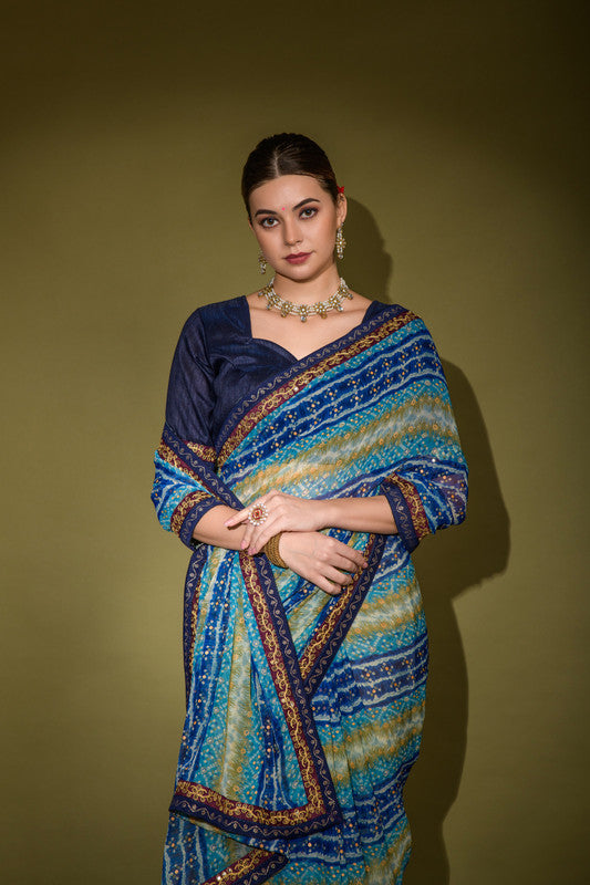 Jyoti Fashion Women's Blue Foil Print with Sequence Georgette Saree with Blouse | Grocsy