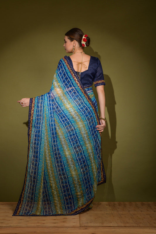 Jyoti Fashion Women's Blue Foil Print with Sequence Georgette Saree with Blouse | Grocsy