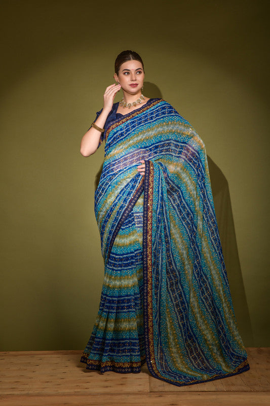 Jyoti Fashion Women's Blue Foil Print with Sequence Georgette Saree with Blouse | Grocsy