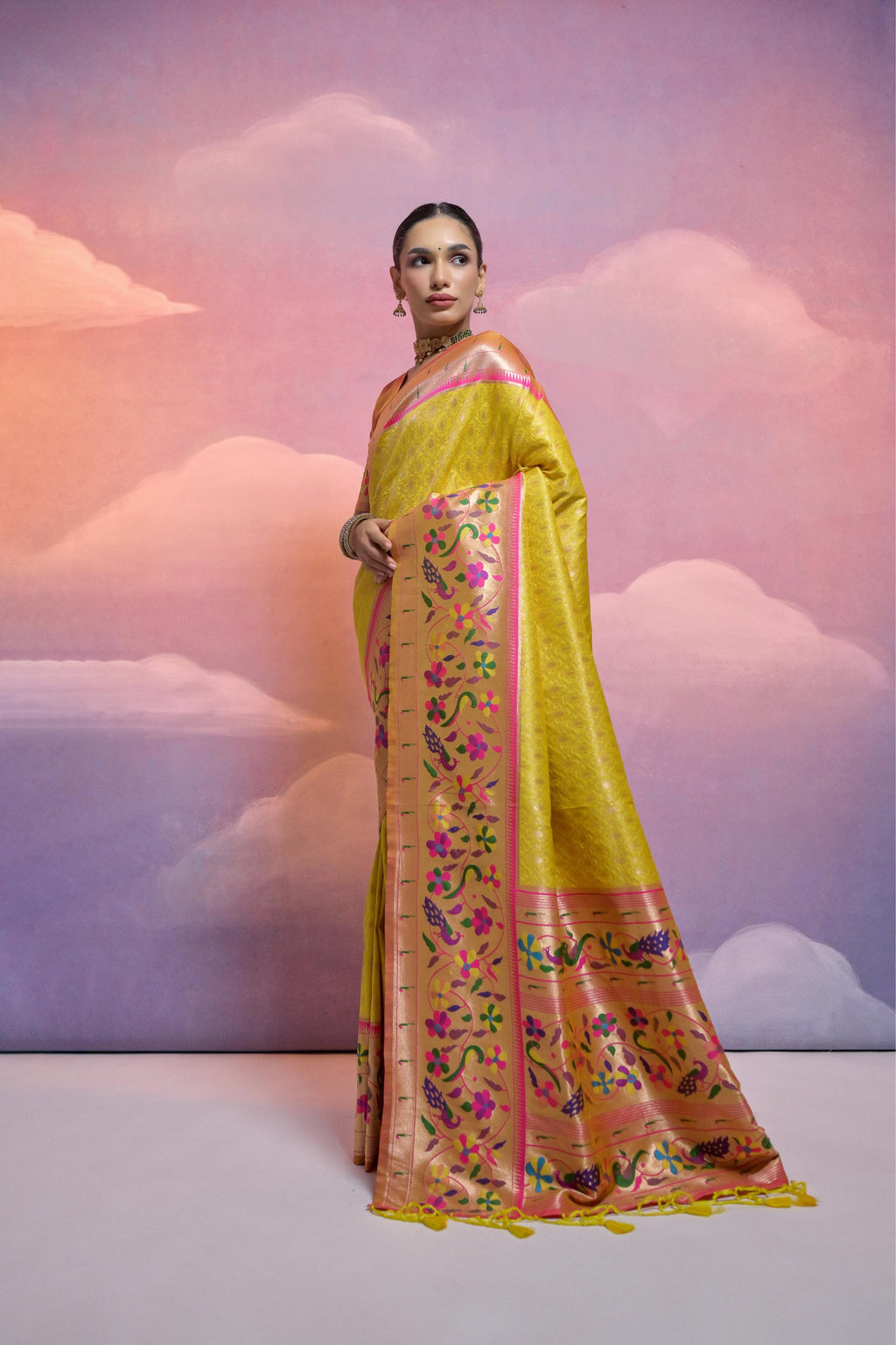 Jyoti Fashion Women's Yellow Paithani Silk Zari Woven Saree with Blouse | Grocsy