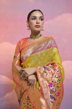 Jyoti Fashion Women's Yellow Paithani Silk Zari Woven Saree with Blouse | Grocsy