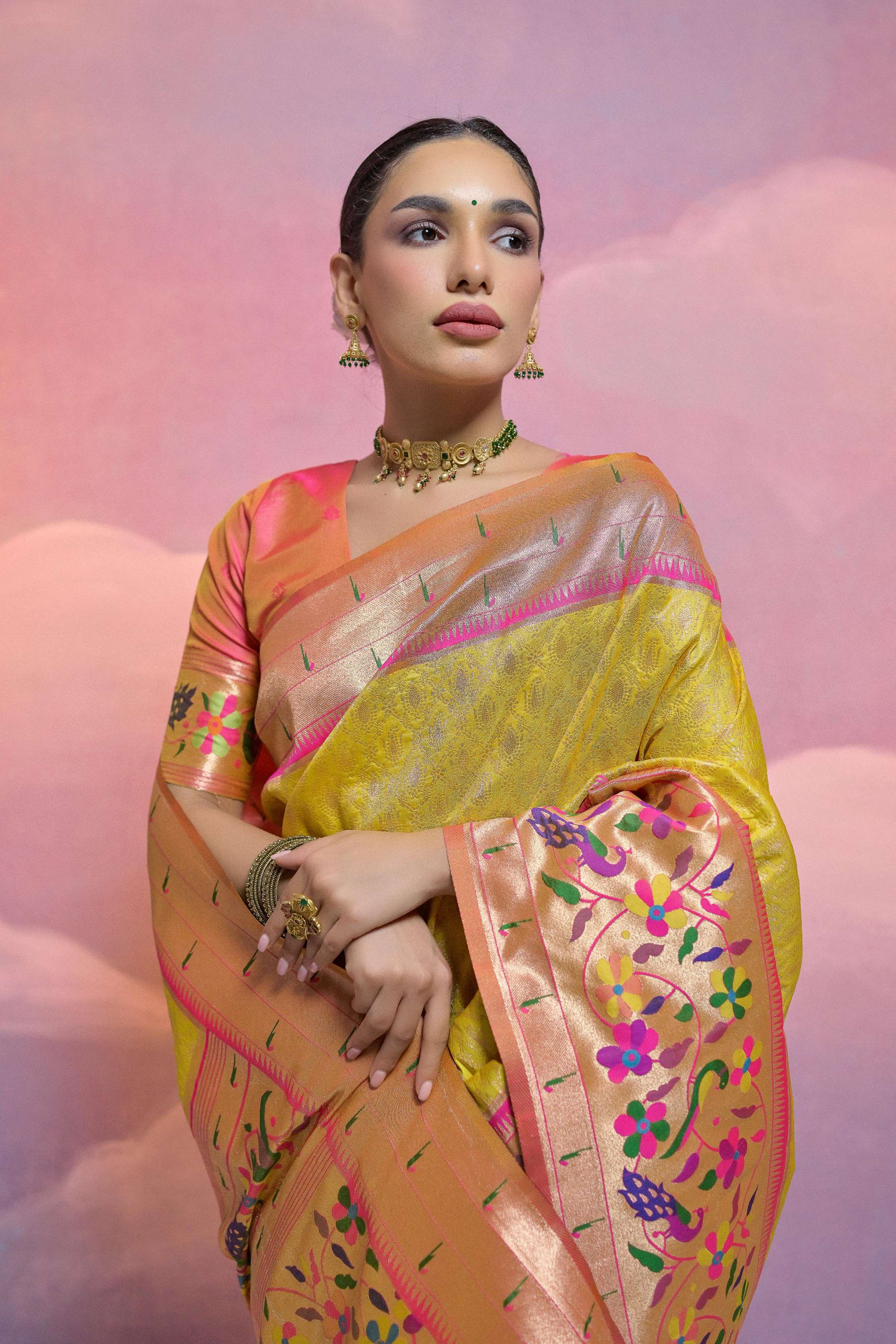 Jyoti Fashion Women's Yellow Paithani Silk Zari Woven Saree with Blouse | Grocsy
