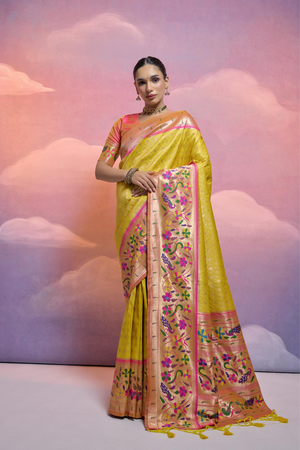 Jyoti Fashion Women's Yellow Paithani Silk Zari Woven Saree with Blouse | Grocsy