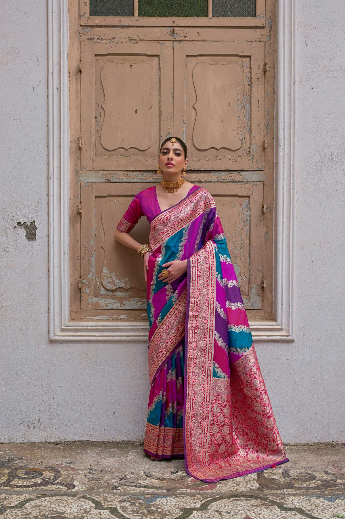 Jyoti Fashion Women's Multicolor Banarasi Silk Zari Woven Saree with Blouse | Grocsy