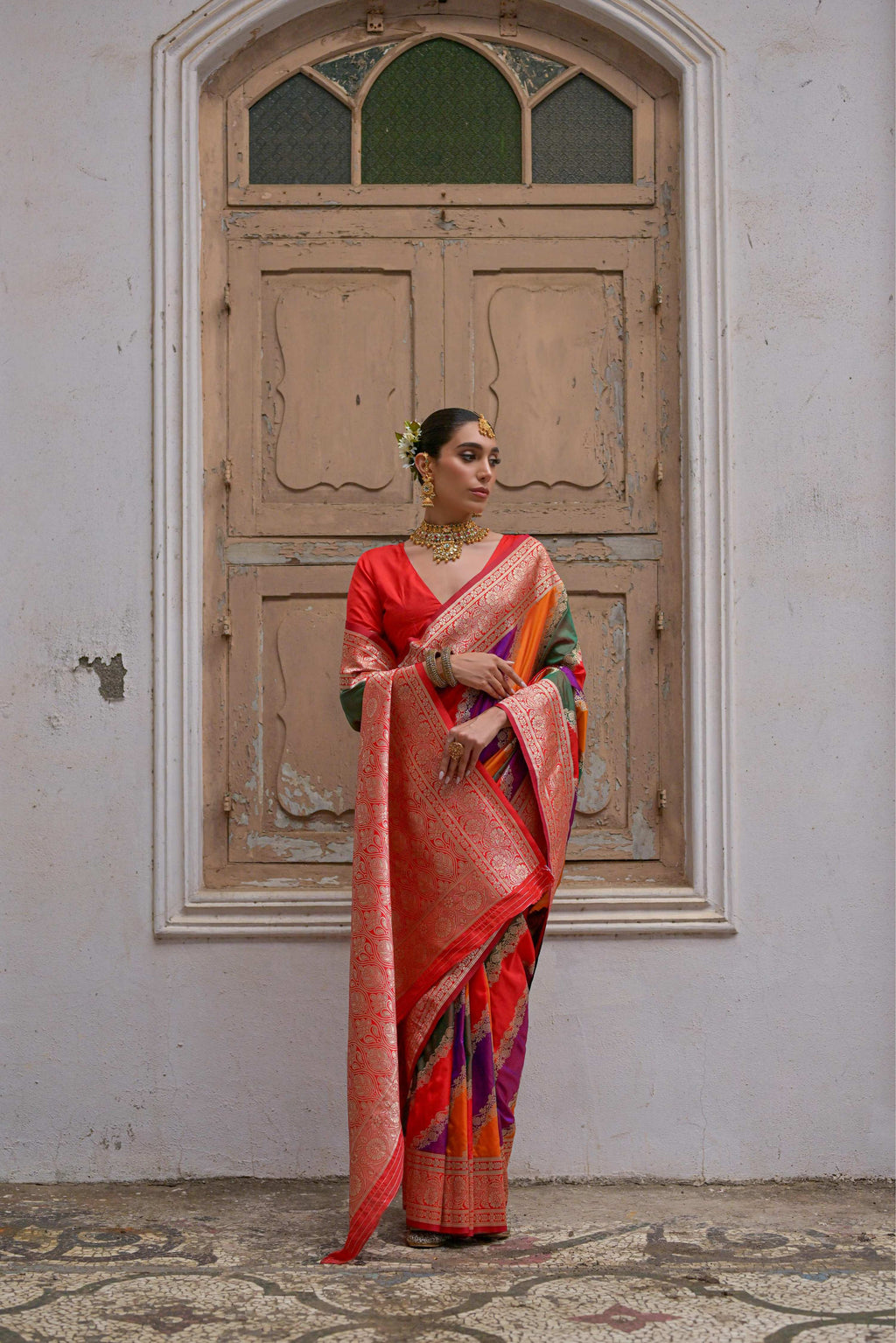 Jyoti Fashion Women's Multicolor Banarasi Silk Zari Woven Saree with Blouse | Grocsy