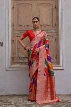 Jyoti Fashion Women's Multicolor Banarasi Silk Zari Woven Saree with Blouse | Grocsy