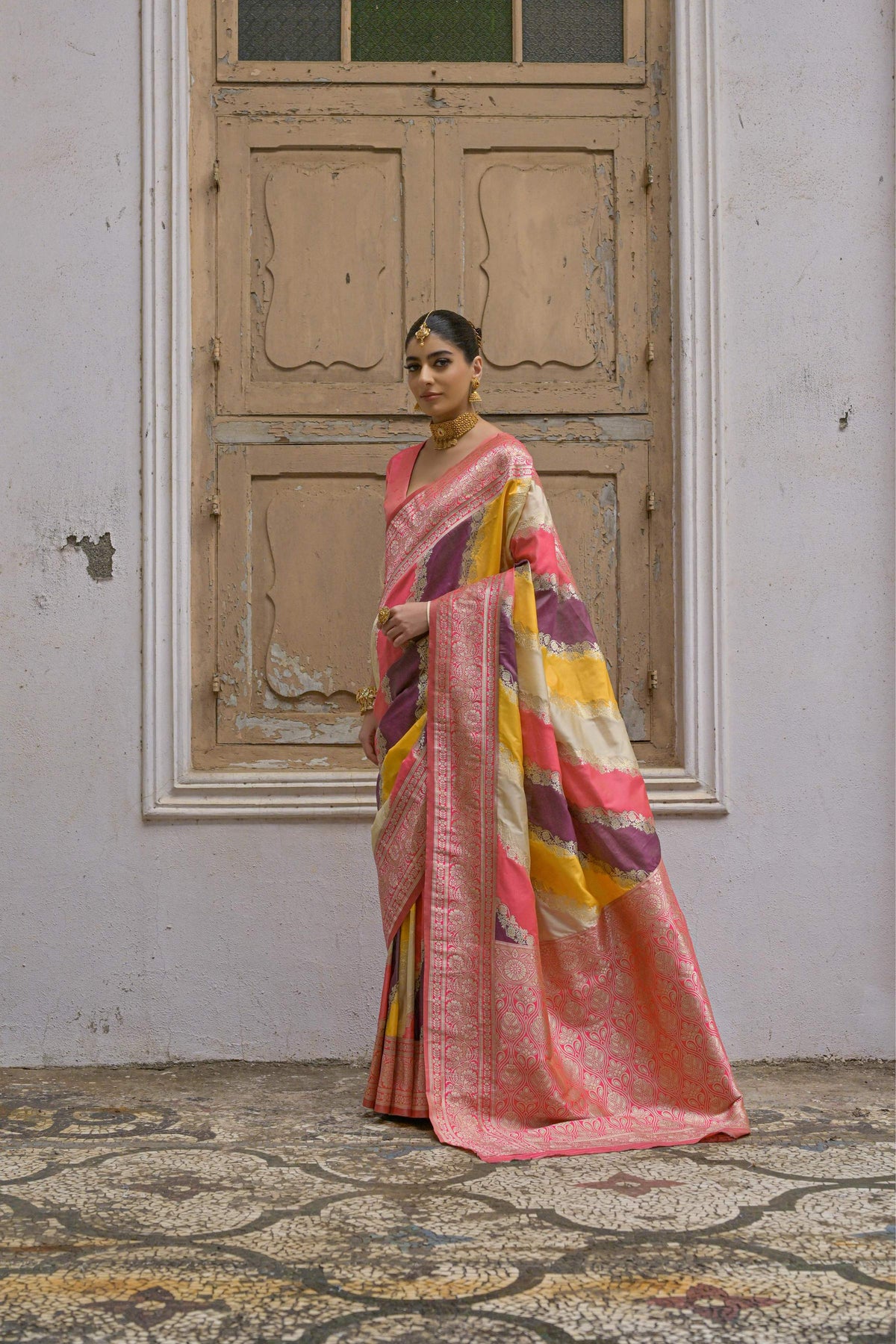 Jyoti Fashion Women's Multicolor Banarasi Silk Zari Woven Saree with Blouse | Grocsy