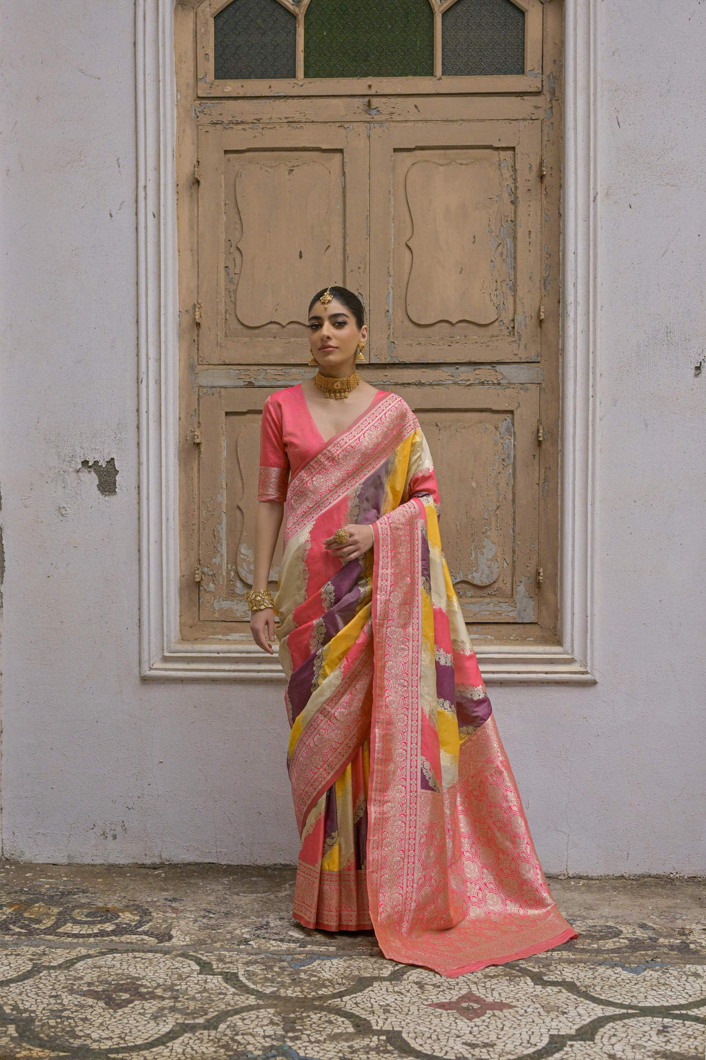 Jyoti Fashion Women's Multicolor Banarasi Silk Zari Woven Saree with Blouse | Grocsy