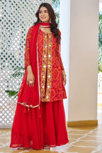 Jyoti Fashion Red Faux Georgette Embroidered Designer Kurta Set with Dupatta | Grocsy