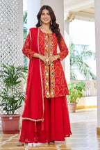 Jyoti Fashion Red Faux Georgette Embroidered Designer Kurta Set with Dupatta | Grocsy