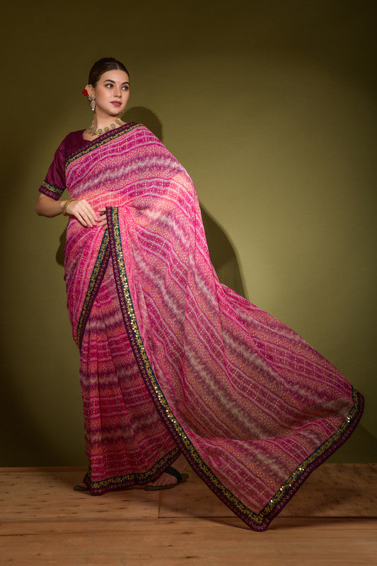 Jyoti Fashion Women's Pink Foil Print with Sequence Georgette Saree with Blouse | Grocsy
