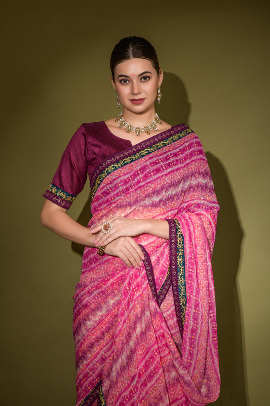 Jyoti Fashion Women's Pink Foil Print with Sequence Georgette Saree with Blouse | Grocsy