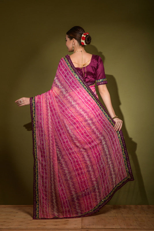 Jyoti Fashion Women's Pink Foil Print with Sequence Georgette Saree with Blouse | Grocsy